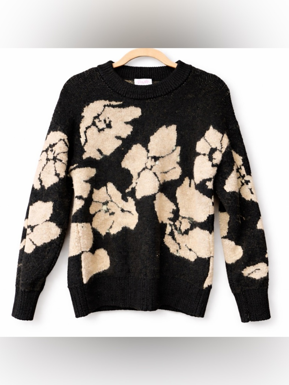 Pink Lily Black Floral Sweater Women’s M Chunky Knit Cream Flower Pullover Cozy